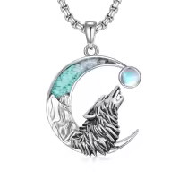 wholesale 925 Sterling Silver Wolf Howl on the Moon Turquoise & Opal Pendant Necklace-Wolf