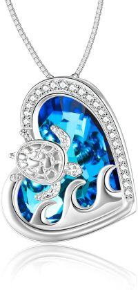 wholesale  925 Sterling Silver & Crystal Sea Turtle Pendant Necklace for Health & Longevity, Adjustable Chain 18-20-Sea Turtle Necklace with Blue Heart Crystal