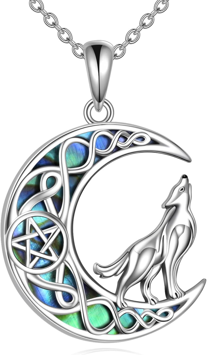 Sterling Silver Moonstone Turquoise Abalone Animal Necklace Cute Jewelry Gift-wolf