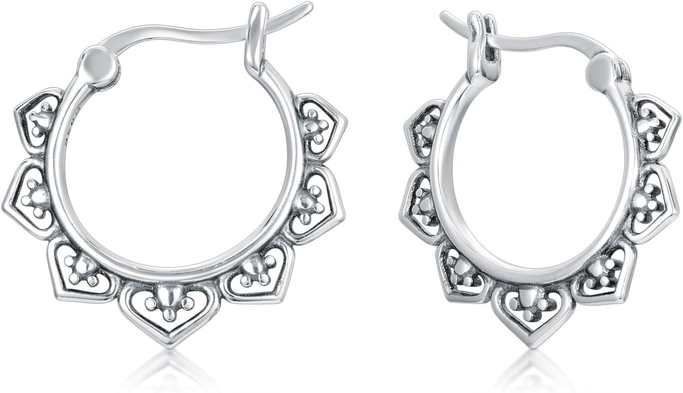 Sterling Silver Bali Boho Oxidized Hypoallergenic Huggie Hoop Earrings for Women Jewelry Gifts-Boho Bali Hoop Earrings-19
