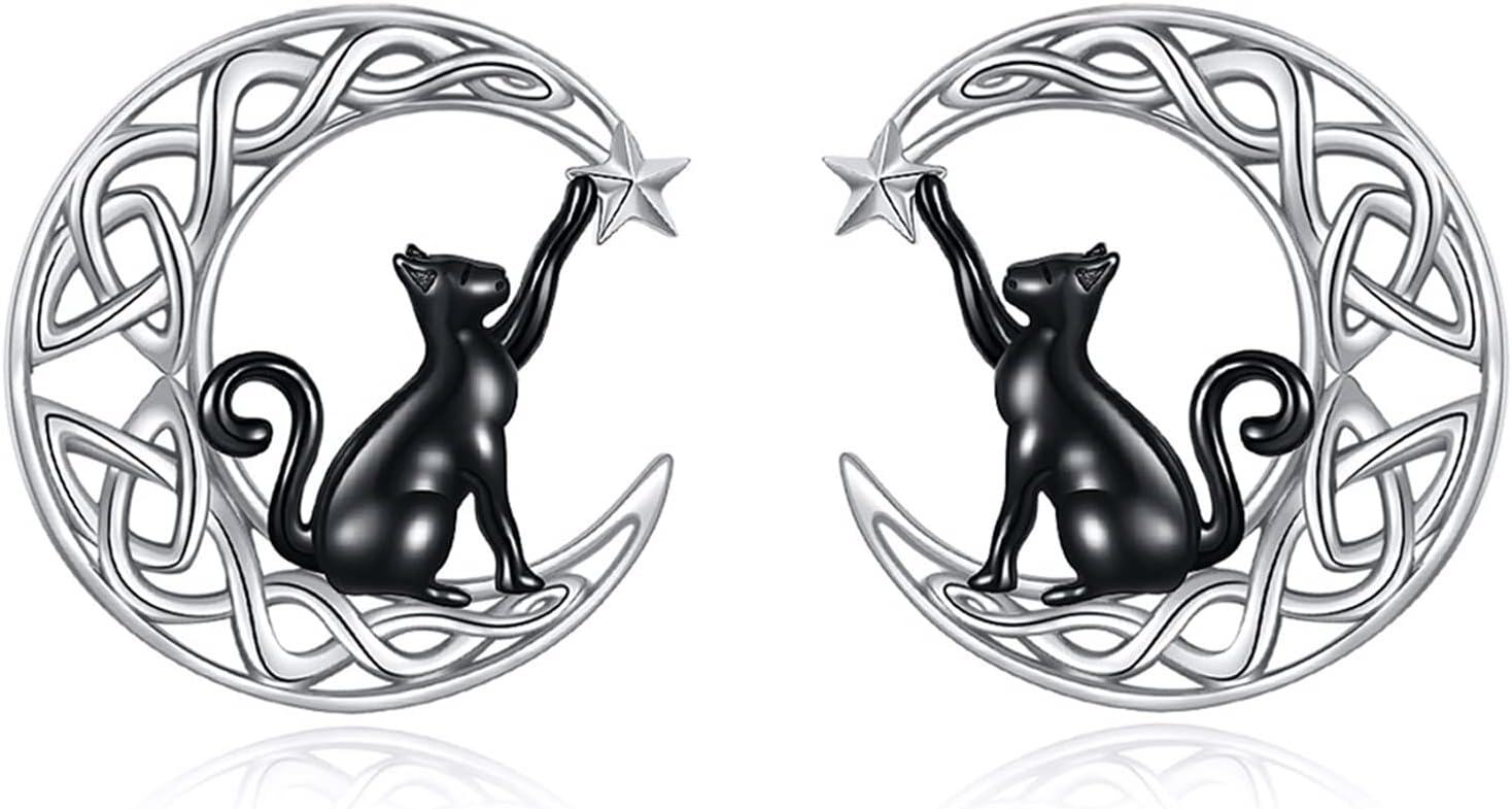  Sterling Silver Moon Cat Stud Earrings for Women Animal Earrings -Celtic Moon Black Cat
