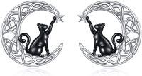 wholesale 925 Sterling Silver Moon Cat Star Stud Earrings for Women s-Celtic Moon Black Cat