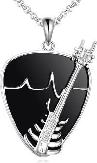wholesale 925 Sterling Silver Guitar Black Onyx Heartbeat Music Pendant Necklace s for Women-Guitar Pick
