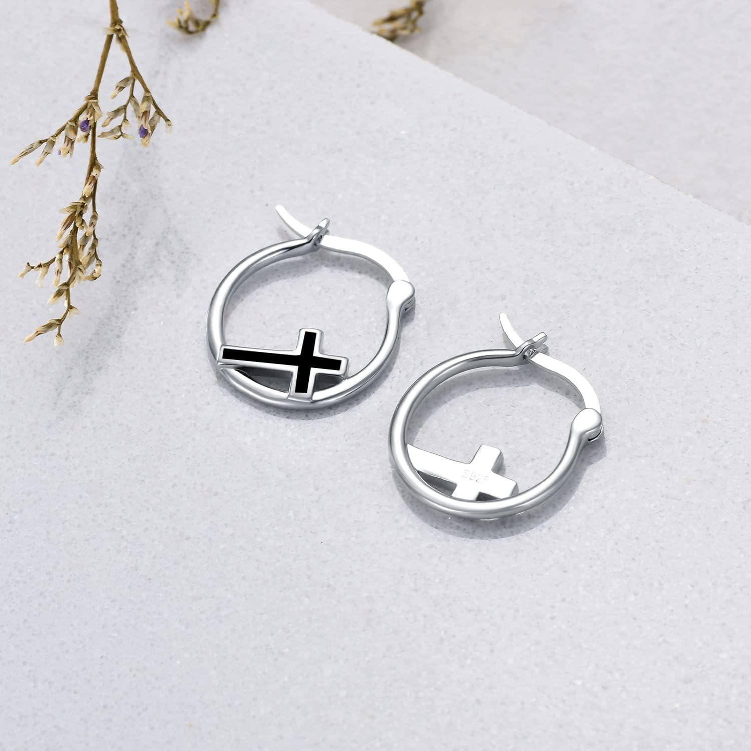 925 Sterling Silver Black Enamel Cross Huggie Hoop Earrings for Women and Girls-0-2