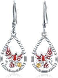 wholesale 925 Sterling Silver Cardinal Bird Teardrop Drop Dangle Earrings with Red Enamel and Gold Accents-B-Cardinal