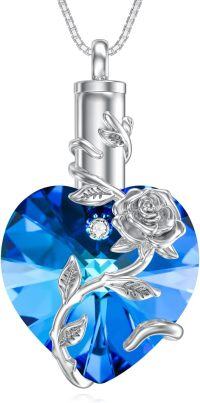 wholesale 925 Sterling Silver Birthstone Heart Rose Flower Urn Necklace for Ashes Memorial Jewelry-09-Sep-Sapphire
