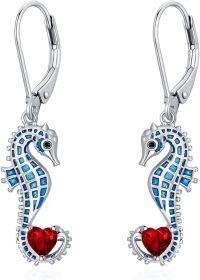 wholesale 925 Sterling Silver Birthstone Blue Seahorse Heart Drop Dangle Earrings for Women-January