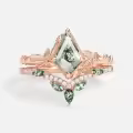 TOUPOP 10k 14k Gold Natural Moss Agate & Moissanite Women's Bridal Ring Set-0-3