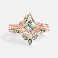 TOUPOP 10k 14k Gold Natural Moss Agate & Moissanite Women's Bridal Ring Set-0-3