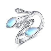 wholesale 925 Sterling Silver Leaf Ring with Birthstone Adjustable Wrap Promise Engagement Wedding Rings for Women-Blue Moonstone Leaf