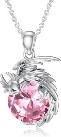 wholesale Sterling Silver Birthstone Wyvern Dragon Pendant Necklace for Women-October(Pink Tourmaline)