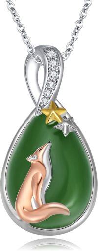 wholesale Sterling Silver Green Jade Necklace with Teardrop Hummingbird Dragonfly Butterfly Bee Cardinal Owl Fox Sloth Jewelry Gifts for Women Mom-Fox-White Gold