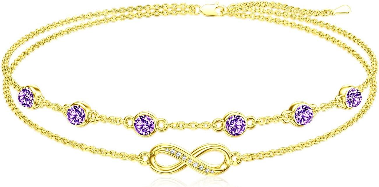 Sterling Silver Birthstone Women s Anklet Bracelets Infinity Butterfly Evil Eye Turtle Pineapple Starfish Heart-Infinity 02-Amethyst-Yellow Gold-Anklet 9"-11"