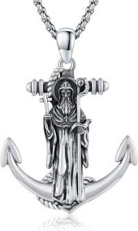 wholesale 925 Sterling Silver Saint Christopher Anchor Pendant Mens Necklace 34+2 Rope Chain-05-Saint Benedict Anchor(silver)