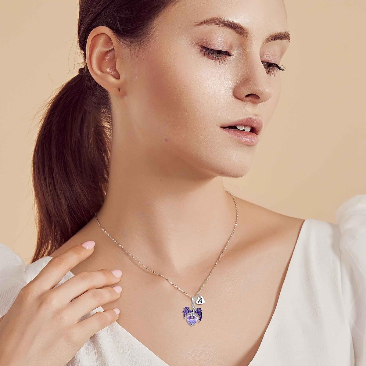 Sterling Silver Crystal Dragon Necklace with Heart Gift for Women-0-2