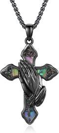 wholesale Black  Praying Hands Cross Pendant Necklace with Abalone Shell Inlay - Religious Jewelry for Men & Women-0-0
