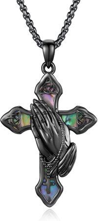 wholesale Black  Praying Hands Cross Pendant Necklace with Abalone Shell Inlay - Religious Jewelry for Men & Women-Praying Hands Cross Necklace