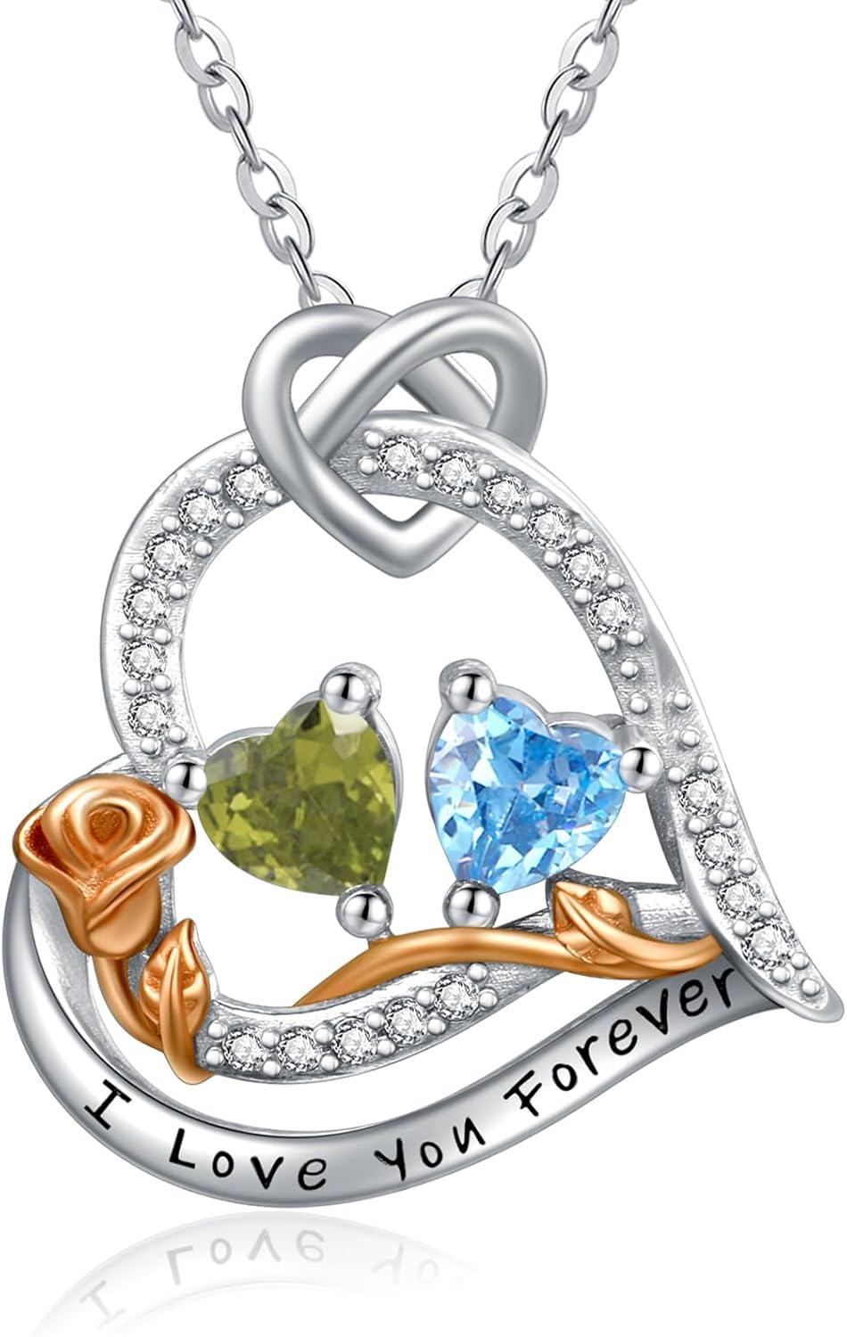  Sterling Silver 2 Birthstones Rose Heart Necklace for Women -08-12-Aug-Dec
