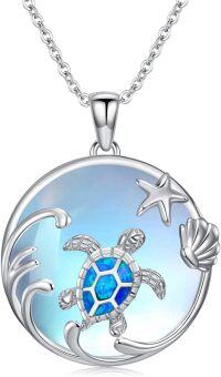 wholesale 925 Sterling Silver Blue Opal Sea Turtle Shell Wave Starfish Pendant Necklace Ocean Animals s for Women Girls-Moonstone Sea Turtle