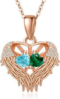 wholesale Sterling Silver 2 Birthstones Angel Wings Necklace for Women-03-05-Mar-May
