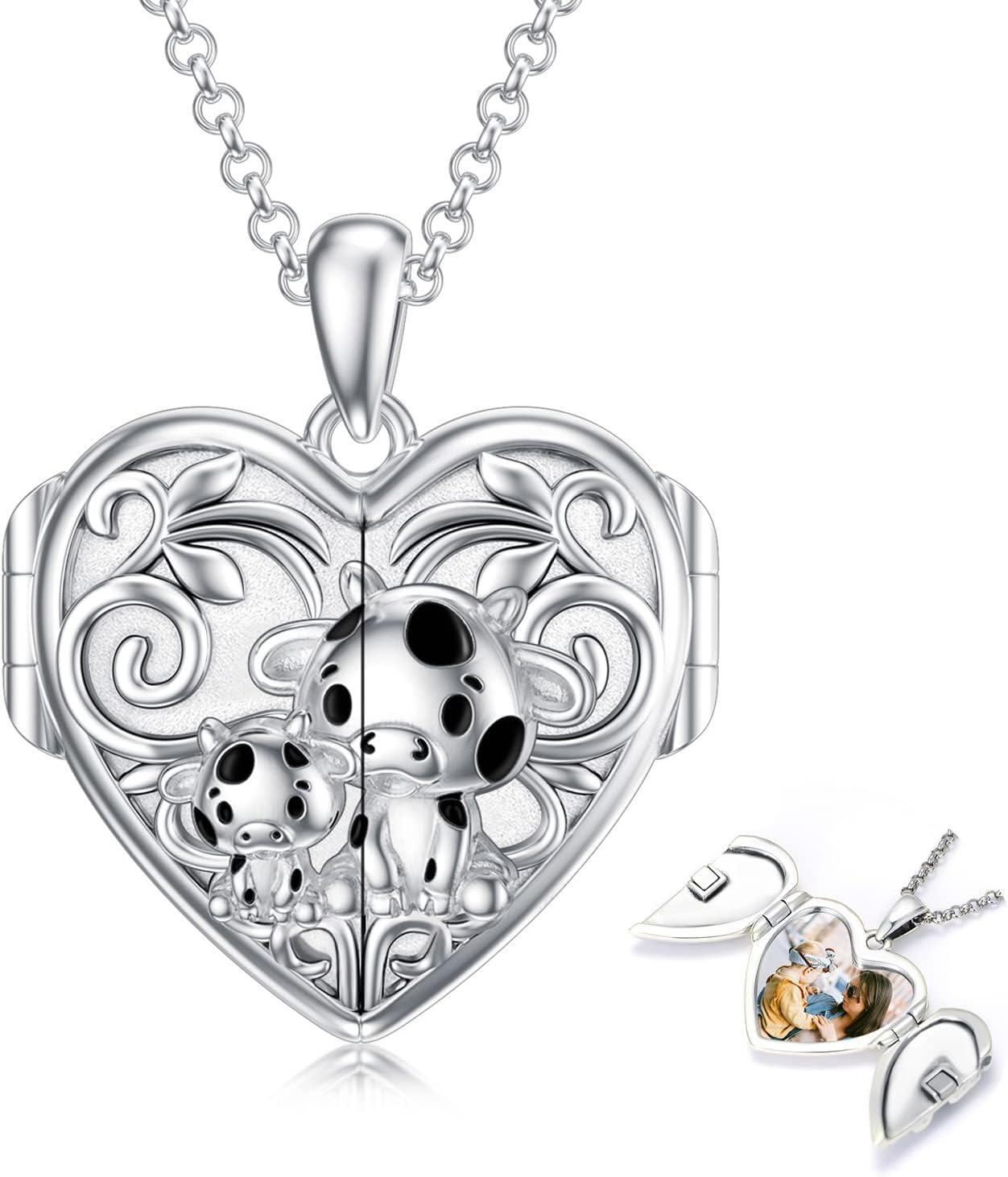 Sterling Silver Abalone Shell Daughter Locket Necklace Gift from Mom Dad-09-Cow Locket+ Photo+Text-09-Cow Locket+ Photo-09-Cow Locket
