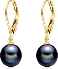 wholesale 14K Gold Black Freshwater Pearl Dangle Leverback Earrings for Women Bridesmaid Gift-Yellow Gold-Black Pearl 14k
