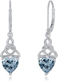 wholesale 925 Sterling Silver Heart Birthstone Celtic Knot Dangle Leverback Earrings-03-March