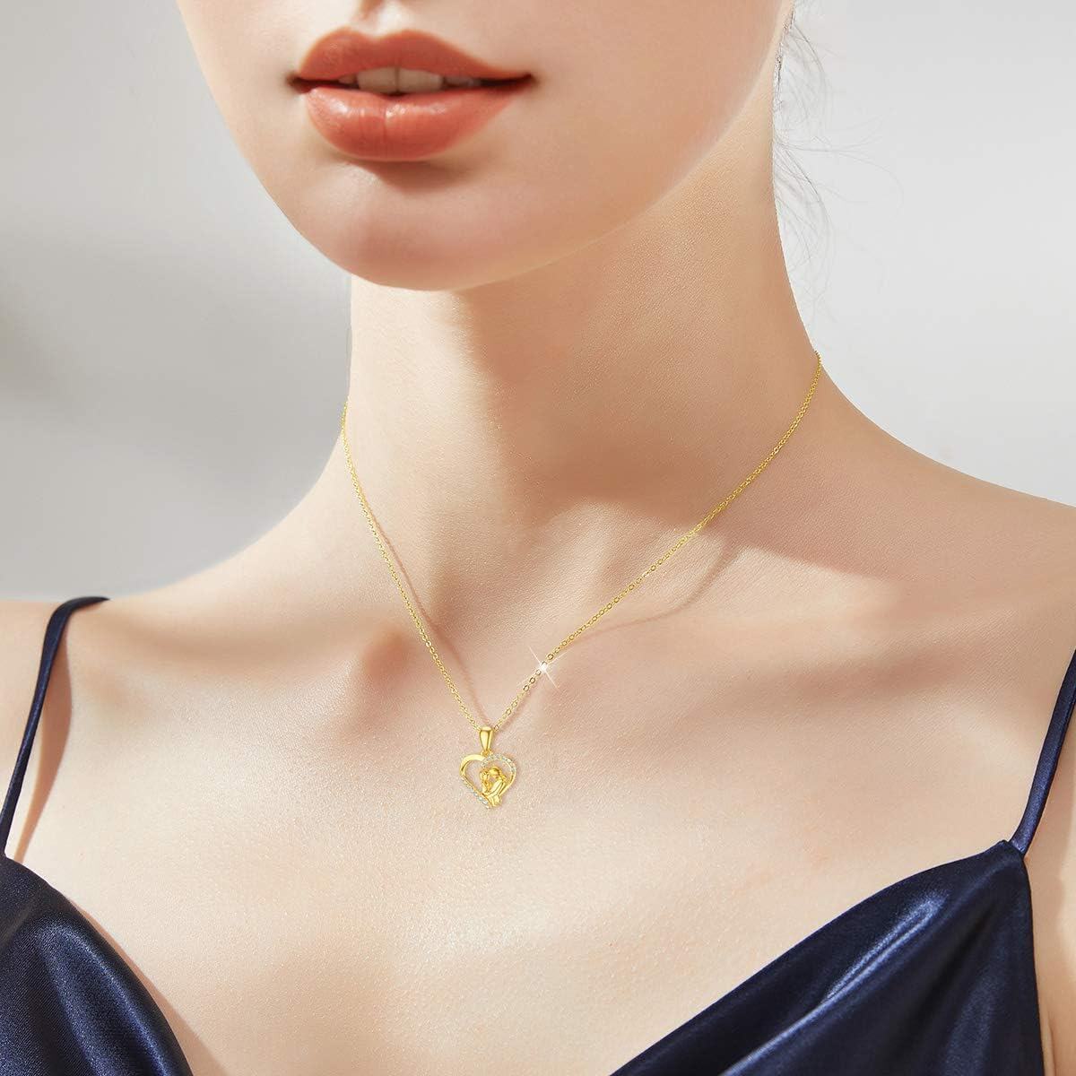 wholesale 14K Gold Mama Bear and Cub Heart Pendant Necklace for Mothers Day Gifts-0-2
