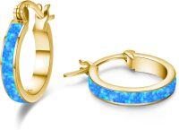 wholesale 925 Sterling Silver Blue Fire Opal Huggie Hoop Earrings for Women-Blue Opal Gold