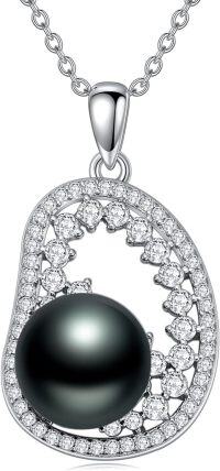 wholesale 925 Sterling Silver Black Pearl Pendant Necklace with Infinity Leaf Design and Cubic Zirconia - Valentines Day & Mothers Day Gifts for Her-A5-Style 5