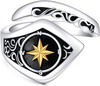 wholesale  Metal Sterling Silver Norse Vintage Boho Adjustable Open Spoon Ring Jewelry Gift -Compass