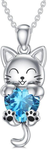 wholesale 925 Sterling Silver Birthstone Cat Pendant Necklace for Women-December(Blue Topaz)