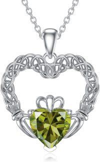 wholesale 925 Sterling Silver Peridot Irish Claddagh Necklace - 20mm Heart Pendant with 18+2 Chain - Gift for Her, Mother, Wife, Friend, Daughter, Sister - Love, Friendship, Loyalty Symbol - Birthday, Anniversary, Christmas-August(Peridot)