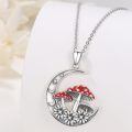 wholesale 925 Sterling Silver Mushroom Pendant with Red Cap and Flowers on Crescent Moon Chain for Women Girls  48cm Length-0-1