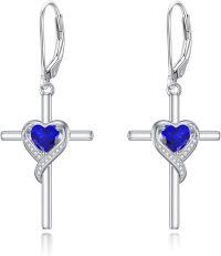 wholesale TOUPOP Sapphire Cross Earrings For Women Sterling Silver September Birthstone Earrings Heart Cross Drop Dangle Earrings Jewelry Birthday Anniversary Christmas Gifts For Her Wife Girlfriend Mom -undefined