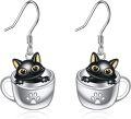 wholesale 925 Sterling Silver Black Cat in Cup Pendant Dangle Earrings for Women Girls Gifts -0-0