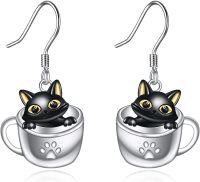 wholesale 925 Sterling Silver Black Cat in Cup Pendant Dangle Earrings for Women Girls Gifts -black cat