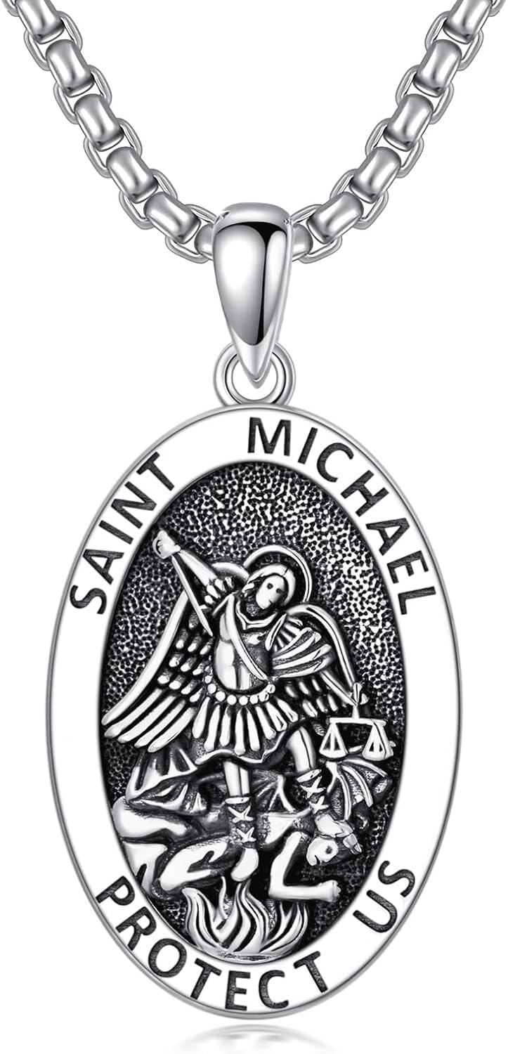 Sterling Silver Oval St Michael St Christopher Medal Archangel Cross Necklace w 22 +2 Chain-A03-St Michael