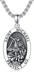wholesale 925 Sterling Silver Saint Michael Pendant with Archangel Cross and Protect Us Inscription on Oval Charm - 3D Detailed Design (Silver)-0-0