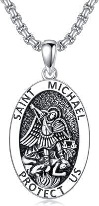 wholesale 925 Sterling Silver Saint Michael Pendant with Archangel Cross and Protect Us Inscription on Oval Charm - 3D Detailed Design (Silver)-A03-St Michael