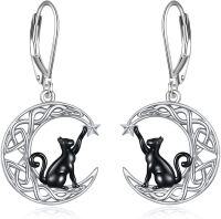 wholesale 925 Sterling Silver Black Cat Moon Star Leverback Drop Earrings-E-Black Cat Moon Leverback Earrings
