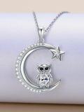 wholesale 925 Sterling Silver & 14K Gold Plated Moon Star Owl Pendant Necklace with CZ Stones - 36cm Chain Length-0-3