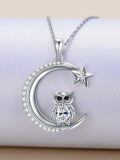 wholesale 925 Sterling Silver & 14K Gold Plated Moon Star Owl Pendant Necklace with CZ Stones - 36cm Chain Length-0-3