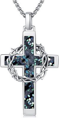 wholesale Sterling Silver Cross Necklace with Crown of Thorns Pendant Catholic Jewelry for Men Women-Cross Abalone 3