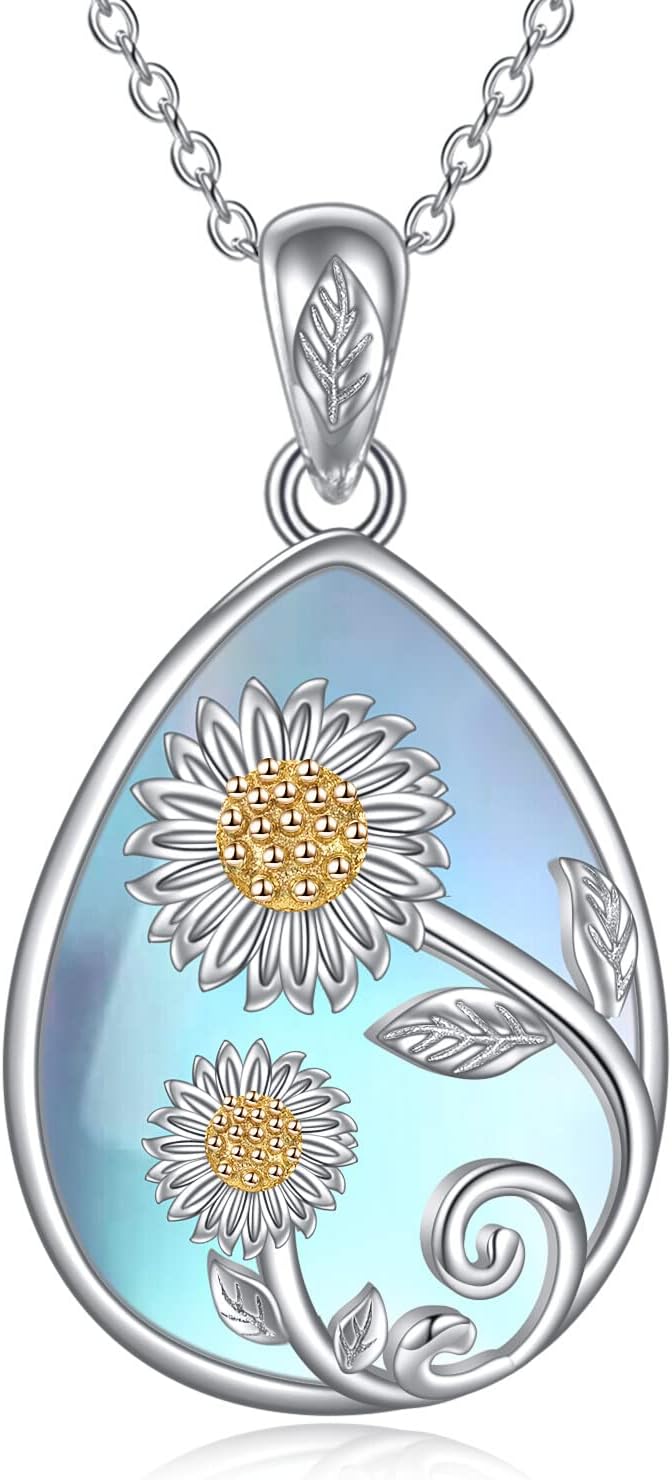 Sterling Silver Moonstone Filigree Teardrop Pendant Necklace for Women-J-Sunflower Moonstone Necklace