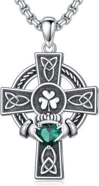 wholesale Sterling Silver Cross Pendant Necklace for Men Women Protection Amulet Religious Gift with 22 +2 Rolo Chain (with Gift)-A-Claddagh Cross(Green Stone)