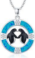 wholesale 925 Sterling Silver Penguin Heart Blue Opal Snowflake Pendant Necklace  for Women-0-0