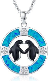 wholesale 925 Sterling Silver Penguin Heart Blue Opal Snowflake Pendant Necklace  for Women-Penguin