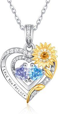 wholesale Sterling Silver 2 Birthstones Sunflower Heart Necklace for Women-06-12-Jun-Dec