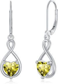 wholesale 925 Sterling Silver Birthstone Infinity Heart Dangle Drop Leverback Earrings for Women-August-Peridot